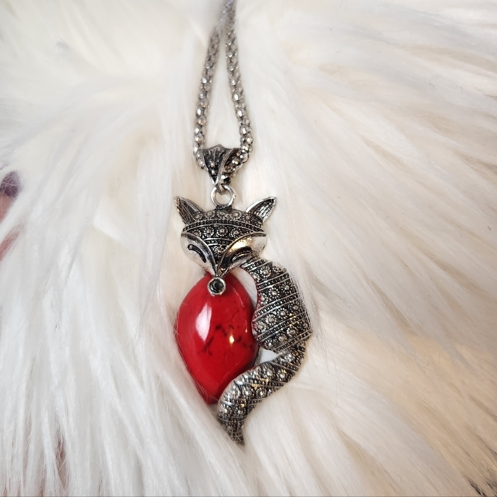 Fox Pendant Necklace Red Stone Silver Tone Vintage Y2K Animal Costume Jewelry
